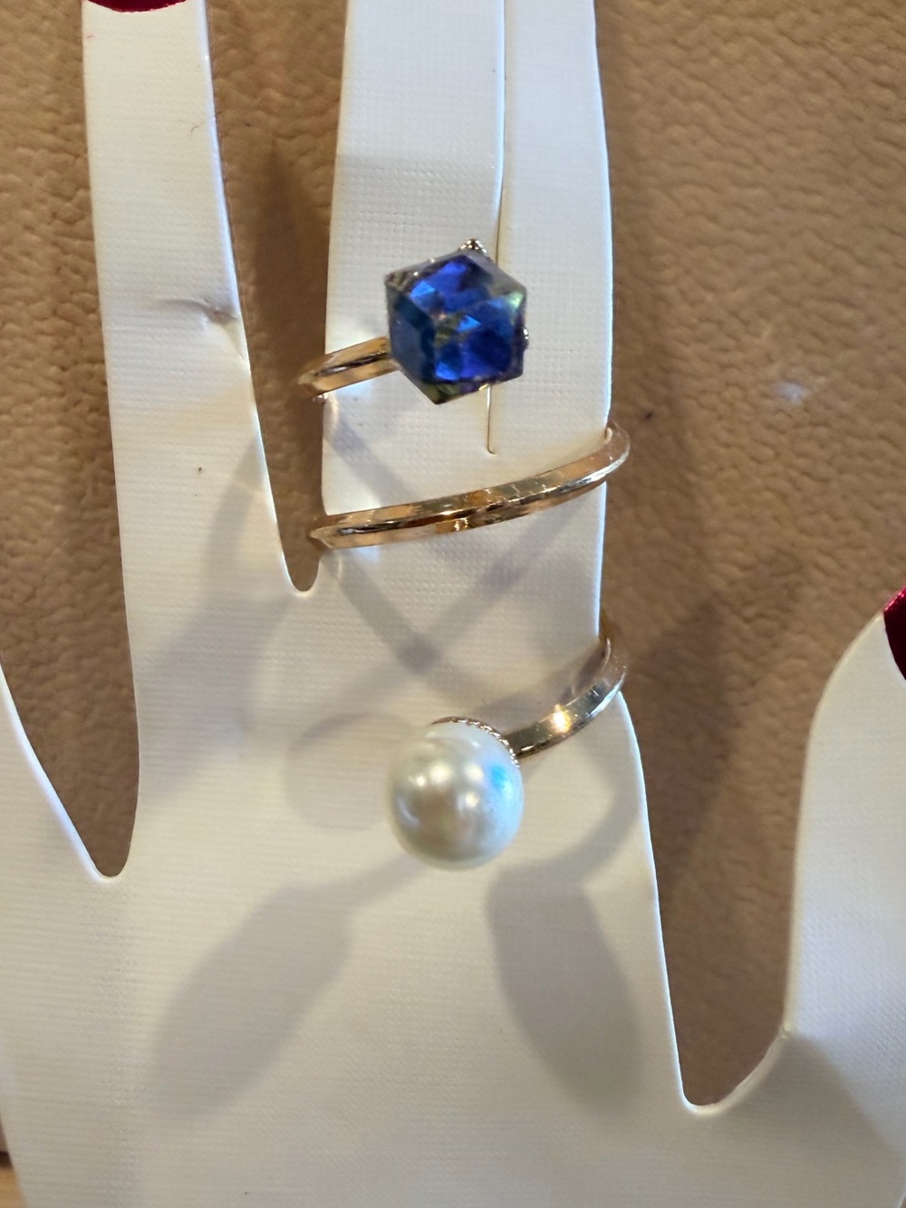 Gold tone Spiral Open Ring with Blue Iridescent Gemstone and Pearl